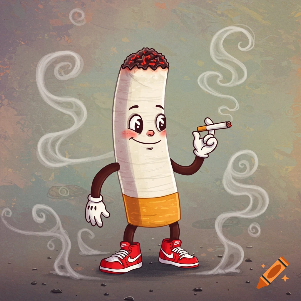 A cartoon cigarette character with a smiling face, arms, and legs, wearing red Nike sneakers. It holds and smokes a smaller cigarette, exhaling smoke.