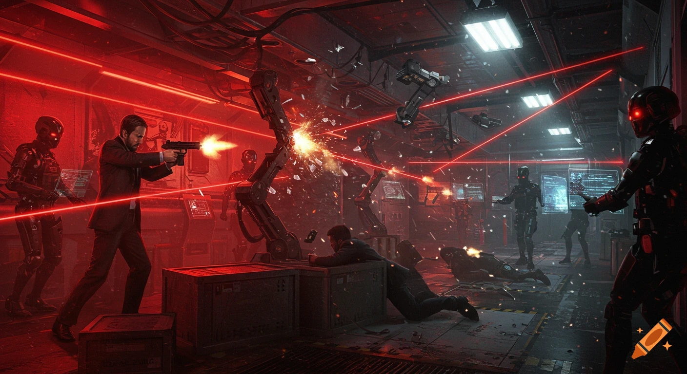 A man in a suit fires a pistol during a chaotic gunfight with red-eyed robots in a red-lit futuristic facility, amidst laser beams and explosions.