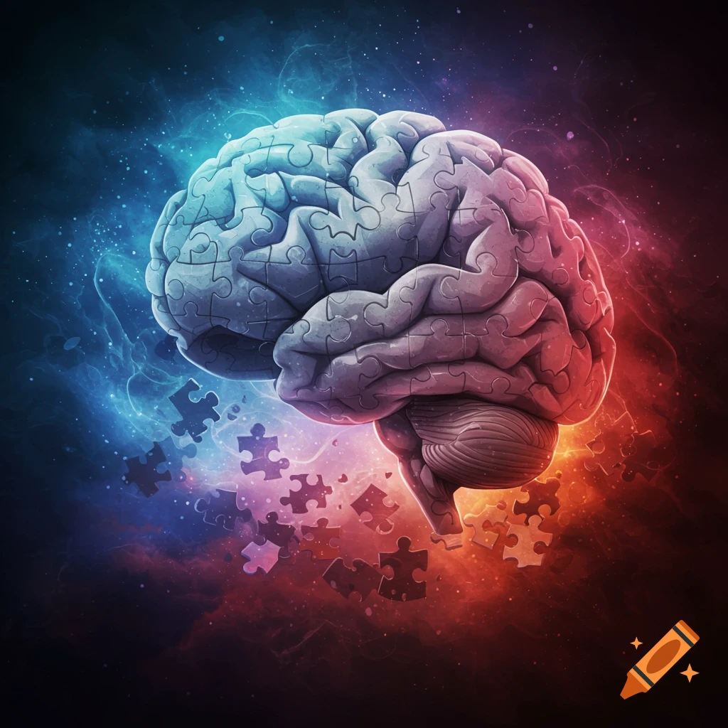 Stylized human brain made of puzzle pieces, glowing blue and red against a cosmic background with floating puzzle pieces.