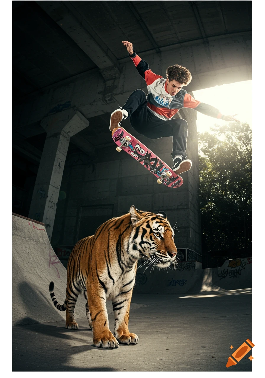 A skateboarder in mid-air jumping over a tiger in a gritty skate park under a bridge with sunlight streaming in.