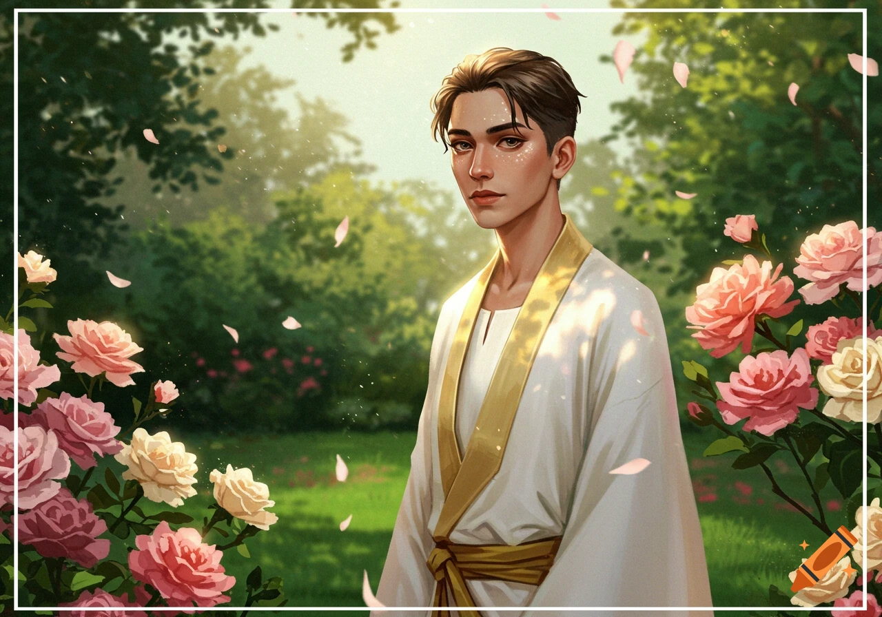 A stylized illustration of a young man in a white and gold robe standing in a sunlit rose garden with falling petals.