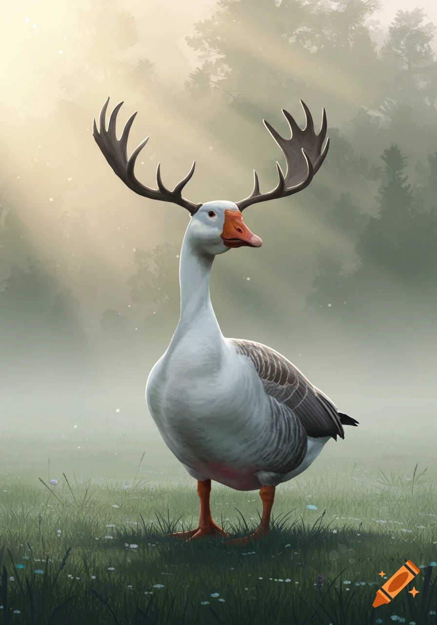 A white goose with large antlers stands in a misty, sunlit forest clearing.