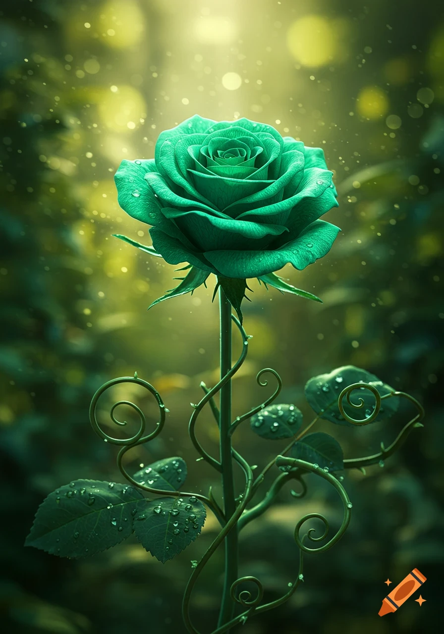 A vibrant emerald green rose with dew drops on its petals, wrapped in a whimsical thorny vine, against a softly lit bokeh background.