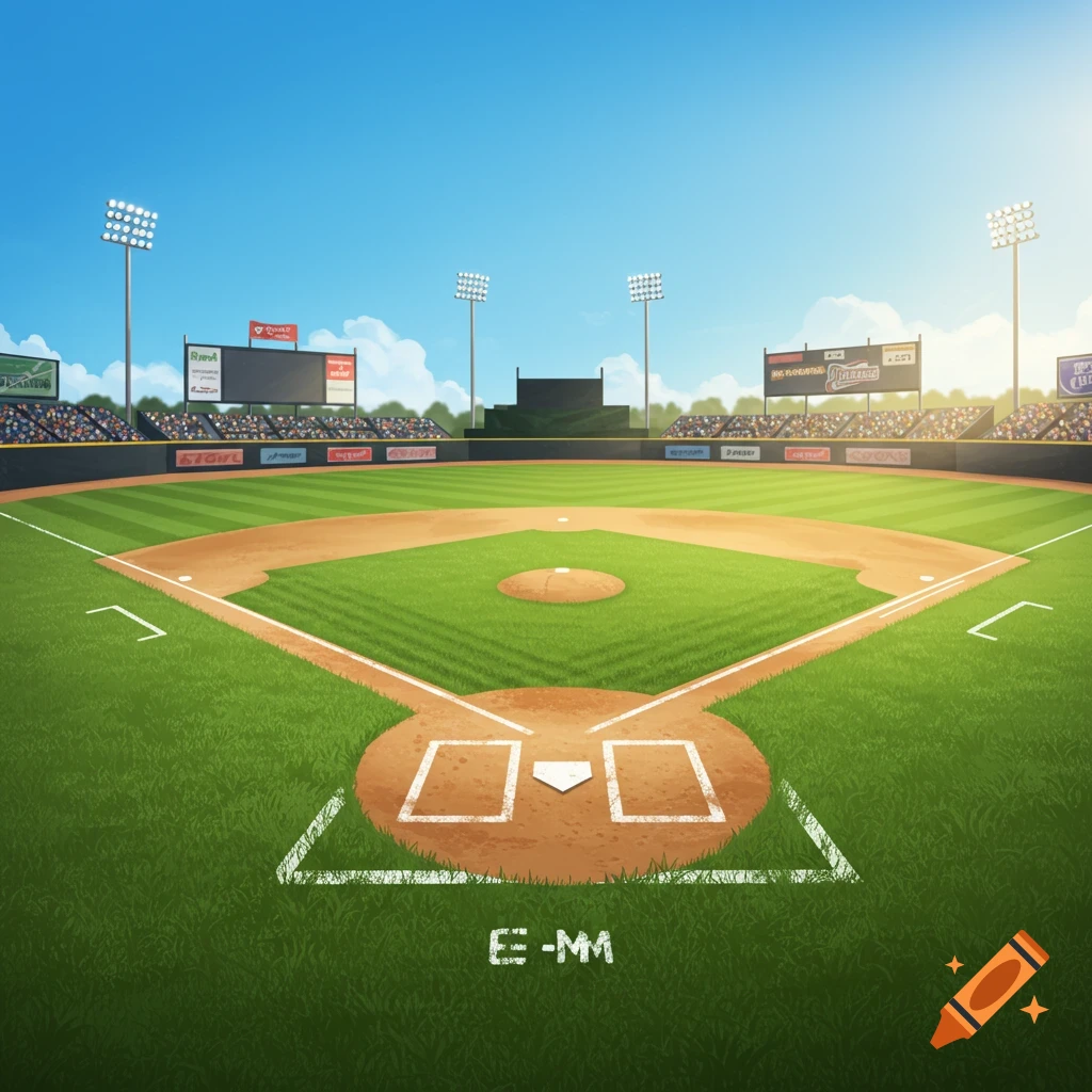 Stylized illustration of an empty baseball stadium field under a bright blue sky, with stands, jumbotrons, and lights.