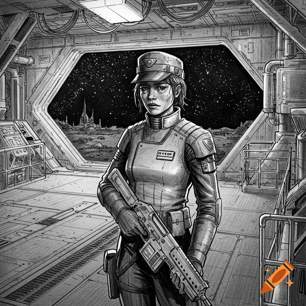 Black and white illustration of a fatigued female security officer with a rifle in a sci-fi spaceship interior overlooking a starry alien planet.
