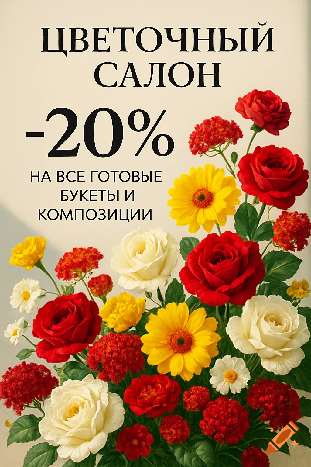 A vibrant poster for a flower salon with red and white roses, yellow daisies, and red filler flowers. Text reads "FLOWER SALON -20% on all ready bouquets and compositions."