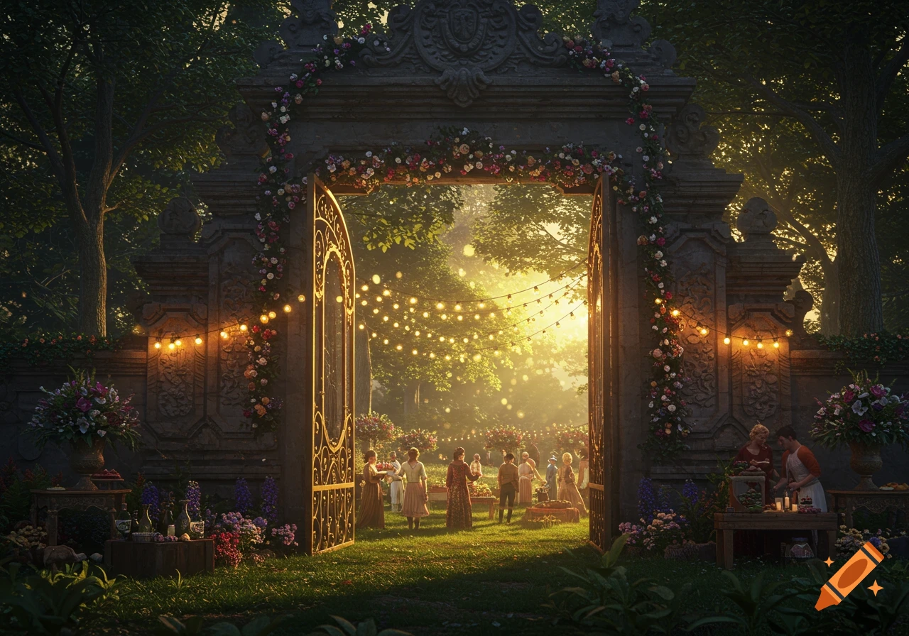 A grand, ornate gate adorned with flowers and string lights opens to a lush, sun-drenched garden party with people mingling and food stalls. Photorealistic.