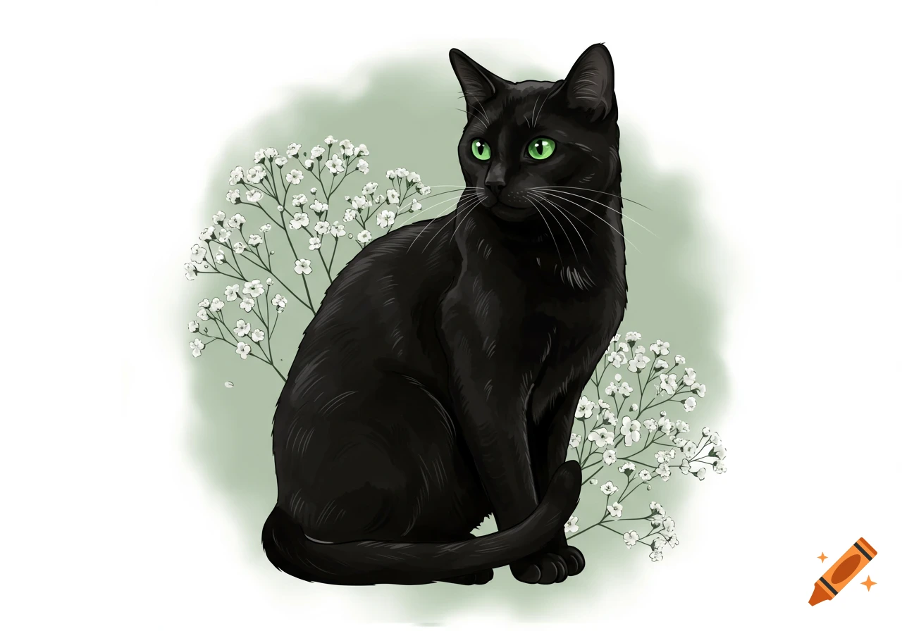 An illustration of a sleek black cat with bright green eyes, sitting among delicate white baby's breath flowers against a soft green background.
