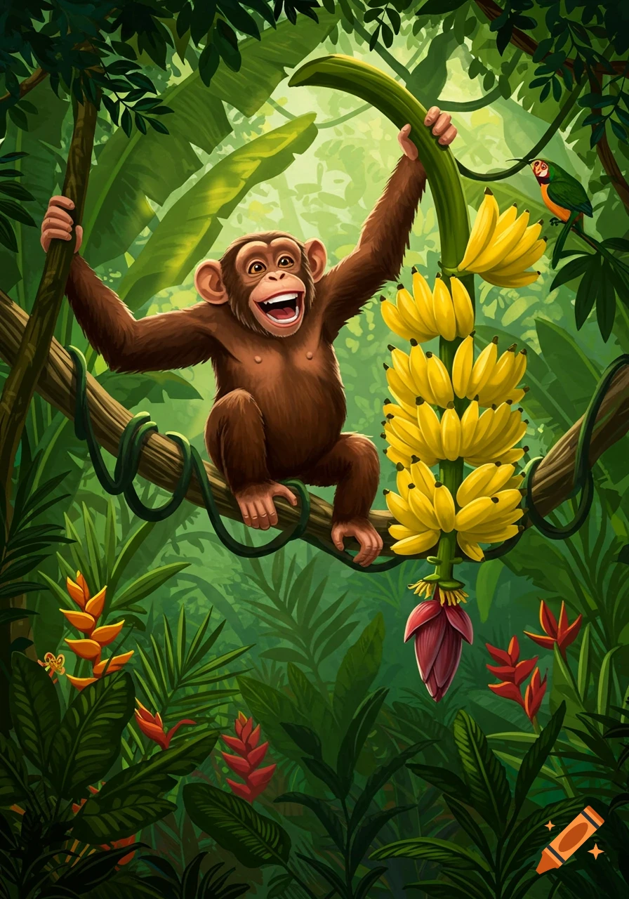 A happy cartoon chimpanzee swings on a vine in a lush jungle, holding a huge bunch of bananas. A parrot perches nearby.