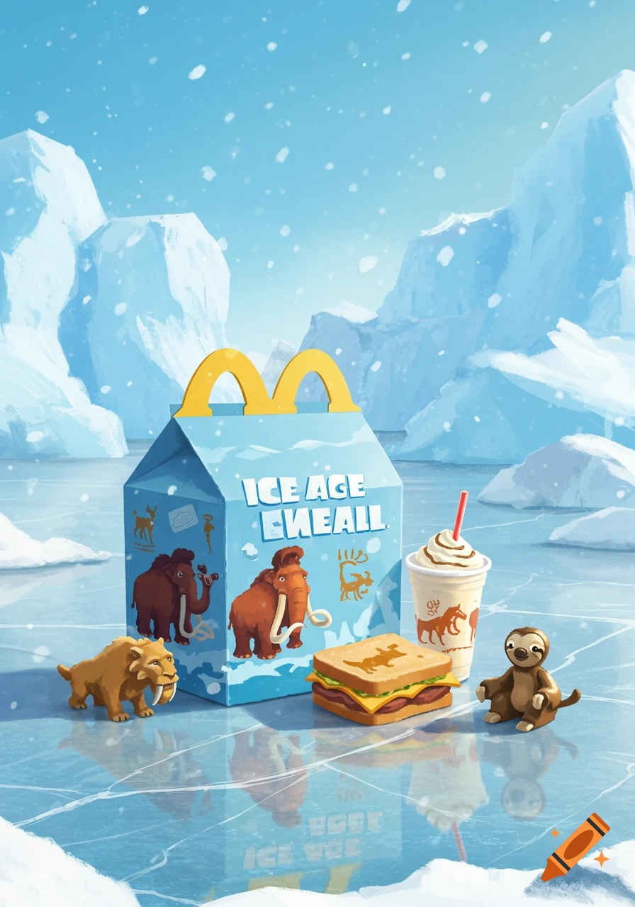 Cartoon Ice Age characters, a Happy Meal box, sandwich, and drink on an icy surface with snow falling and icebergs in the background. The box has "ICE AGE" and garbled text below.