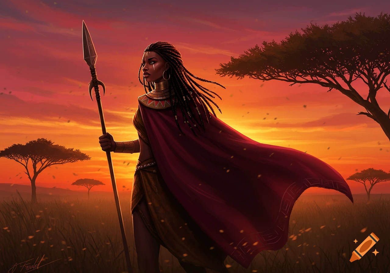 An African warrior princess in a flowing red cape holds a spear against a vibrant sunset over a savanna with acacia trees, digital art.