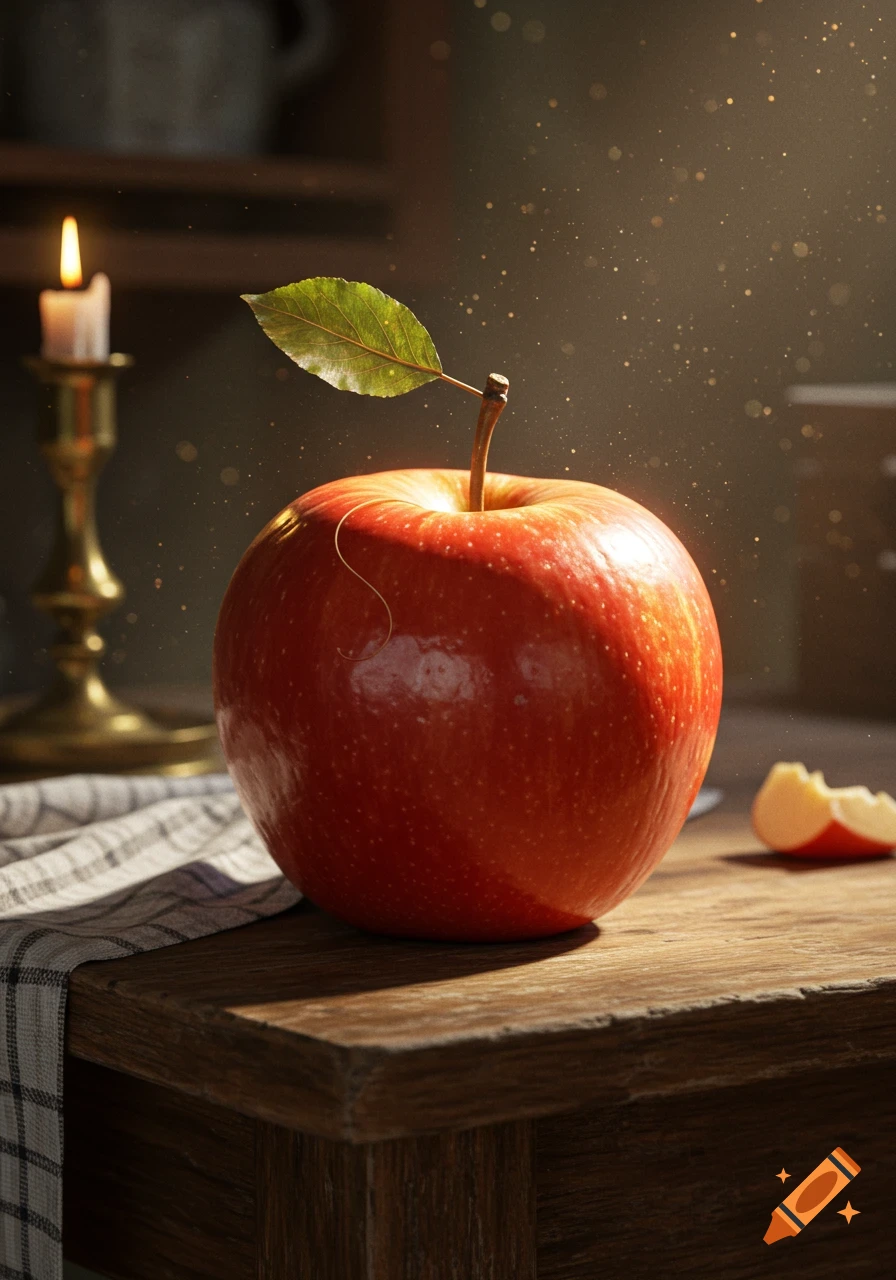 A vibrant red apple with a green leaf and stem on a rustic wooden table, with a lit candle in the background and sunlit dust motes.