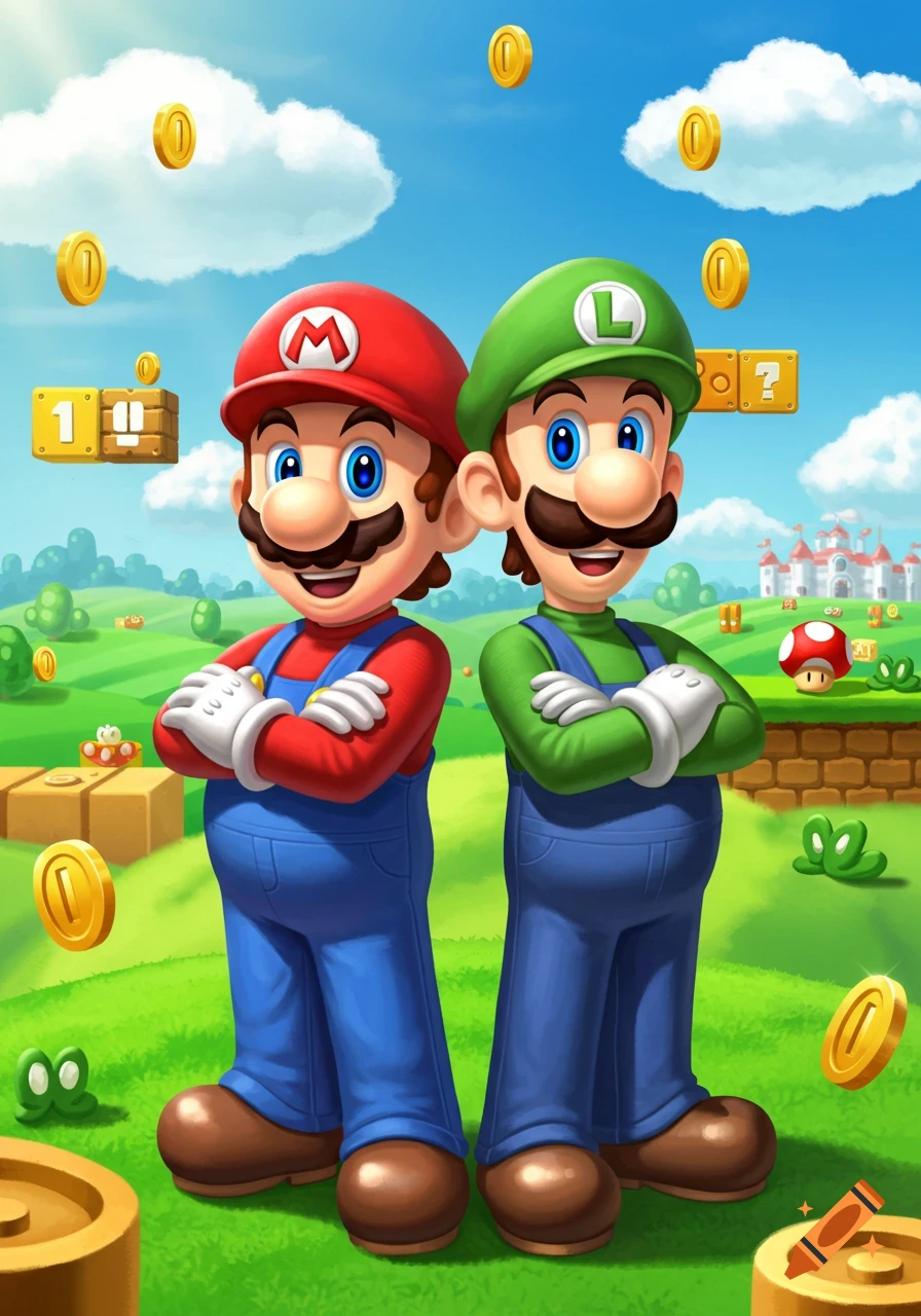 Mario and Luigi stand back-to-back in a vibrant green landscape with floating gold coins and various blocks from the game.