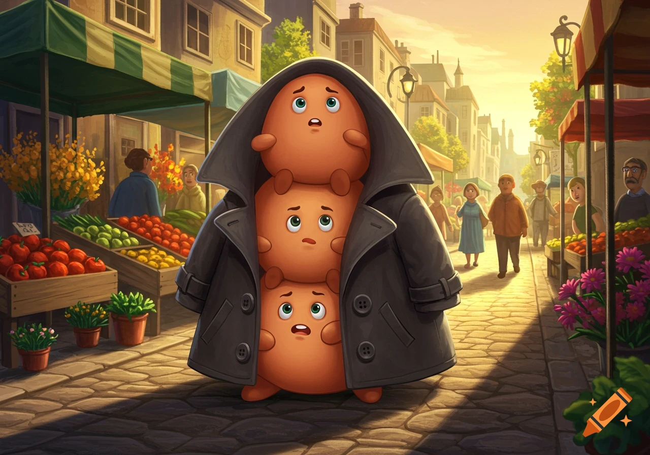 Three cartoonish, round, orange creatures stacked in a black trench coat walk cautiously through a sunny outdoor market.
