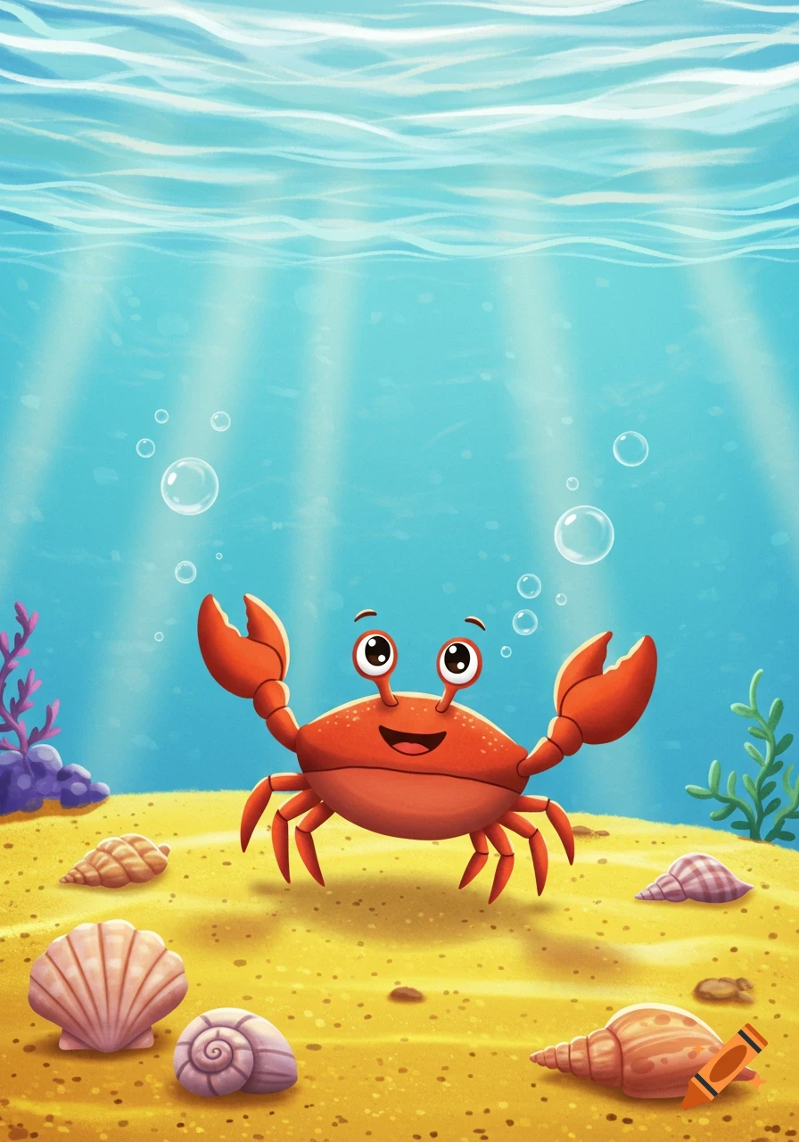 A cute, smiling cartoon crab waves a claw on a sandy seafloor amidst seashells and plants, underwater with light rays.