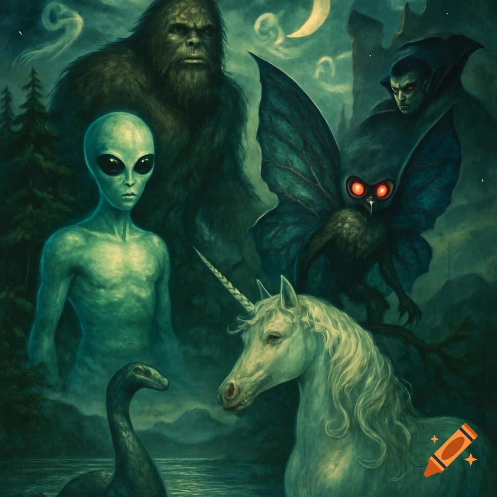 A dark fantasy illustration of Bigfoot, an alien, Mothman, a vampire, a unicorn, and the Loch Ness Monster under a crescent moon.