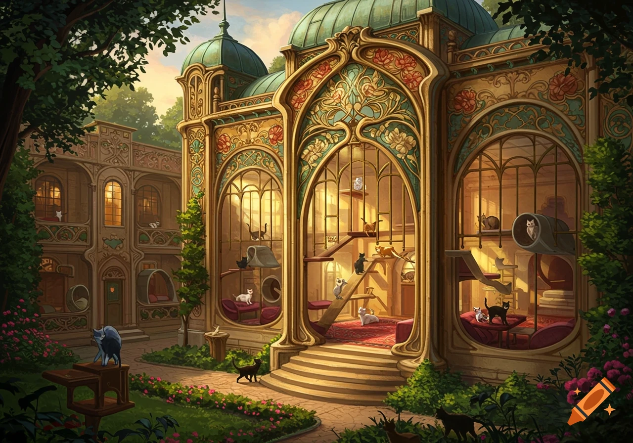 An ornate Art Nouveau building serving as a cat sanctuary, with multiple cats visible inside and outside, surrounded by lush greenery.