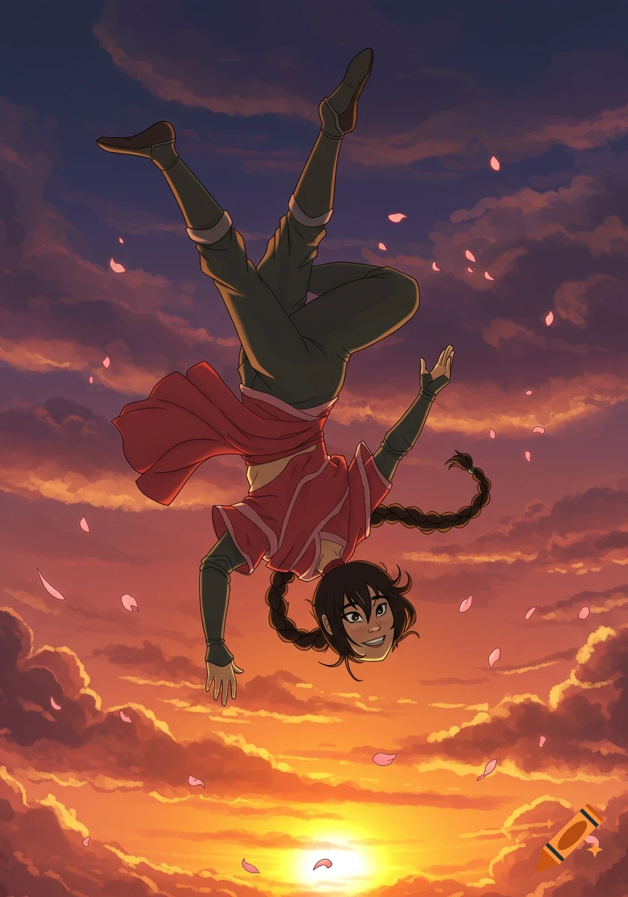 Anime character Ty Lee from Avatar: The Last Airbender falling upside down through a vibrant sunset sky with pink petals.