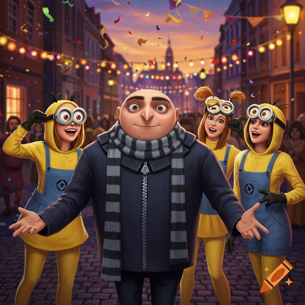 A man dressed as Gru stands in a festive street with three women in Minion costumes, with confetti falling and buildings in the background. Cartoon style.