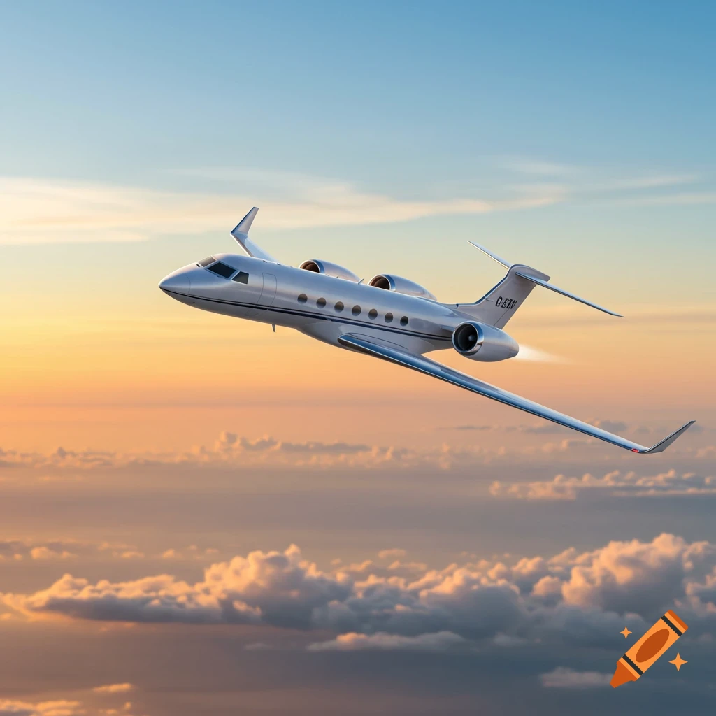 A silver private jet with two engines flies above a layer of clouds against a sunset sky.