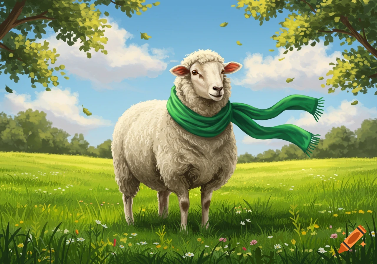 A fluffy white sheep wearing a flowing green scarf stands in a sunny green meadow with wildflowers, trees, and a blue sky.