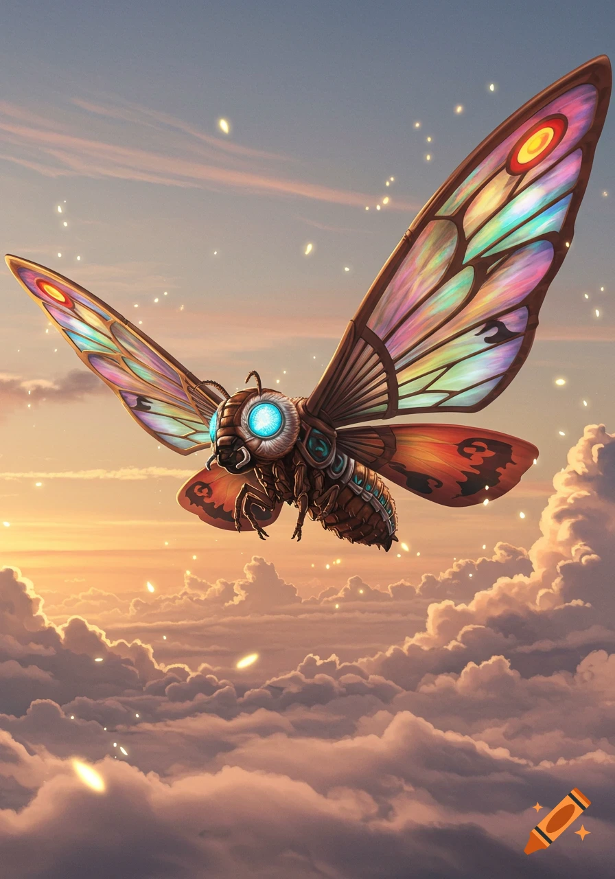 A detailed illustration of a metallic Mothra flying above clouds at sunset, featuring blue eyes, rainbow wings, and a brown body.