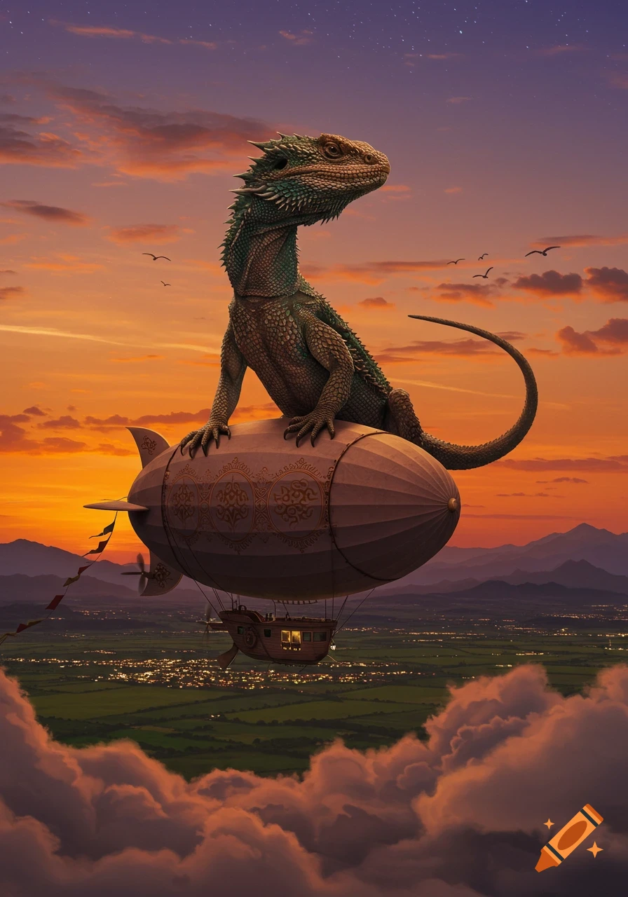 A large bearded dragon sits on a detailed steampunk blimp flying over a city and clouds during a colorful sunset, with mountains in the distance.