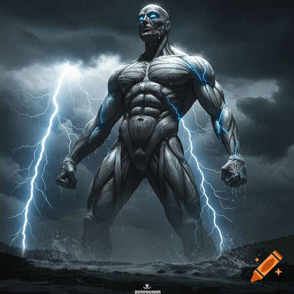 A muscular, skinless humanoid figure with glowing blue eyes stands in a stormy, rainy landscape with lightning striking.