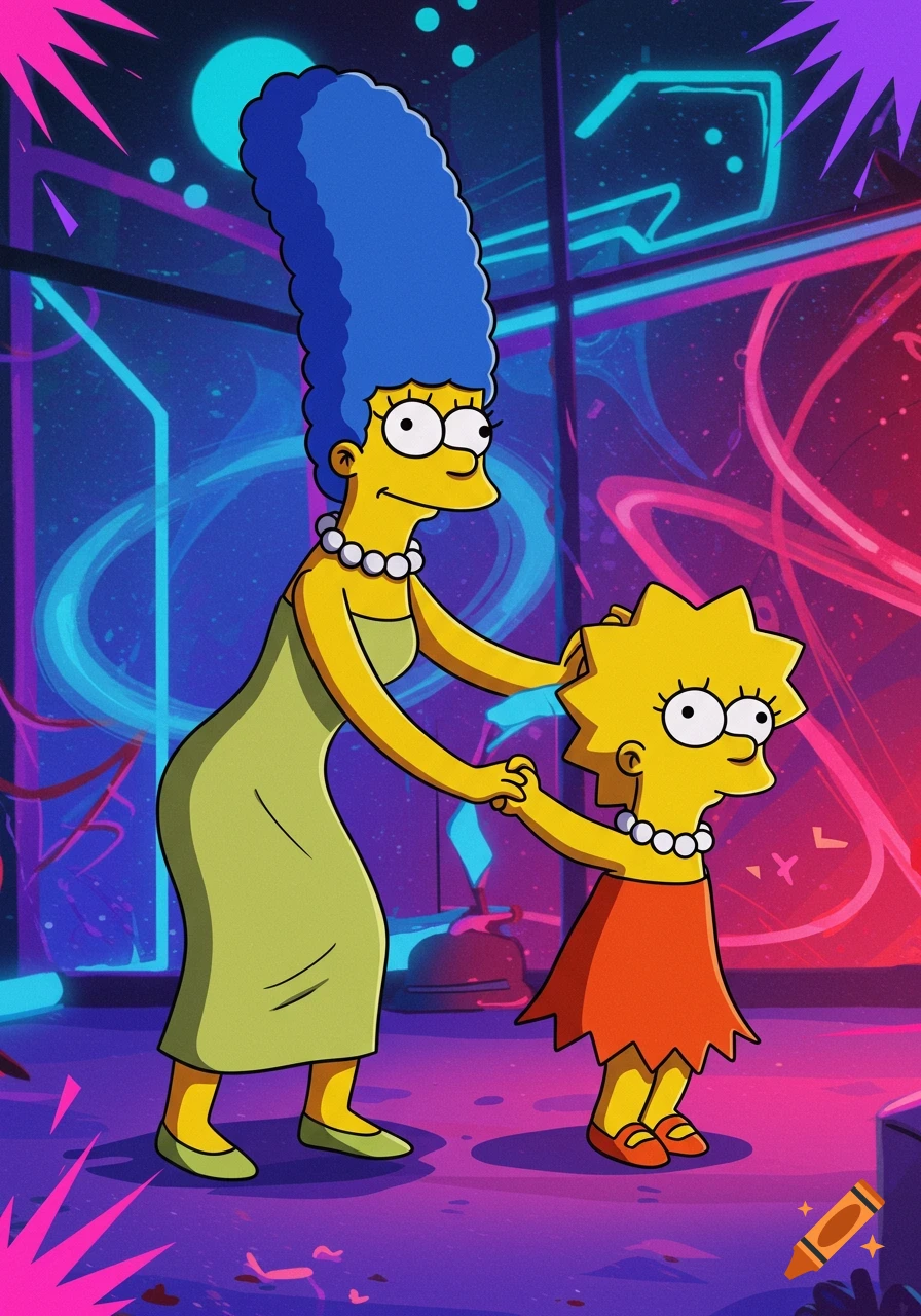 Marge Simpson holding Lisa Simpson's hand in a vibrant neon-lit cartoon style.