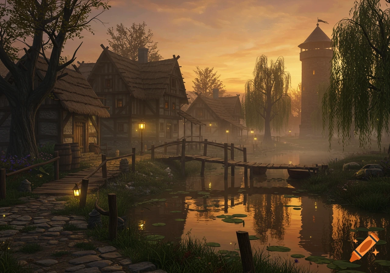 A picturesque medieval village at sunset, with thatched-roof houses, wooden bridges over a misty pond, and a stone tower.