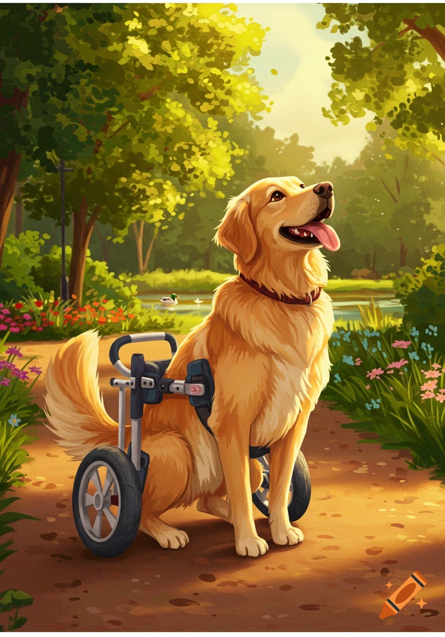 An illustrated golden retriever in a wheelchair sits on a path in a sunlit park, looking up with a happy expression.