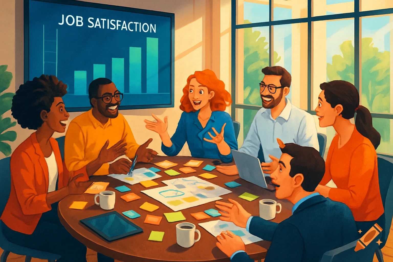 A diverse group of professionals in a vibrant illustration meeting, brainstorming around a table with a screen displaying a 'JOB SATISFACTION' graph.