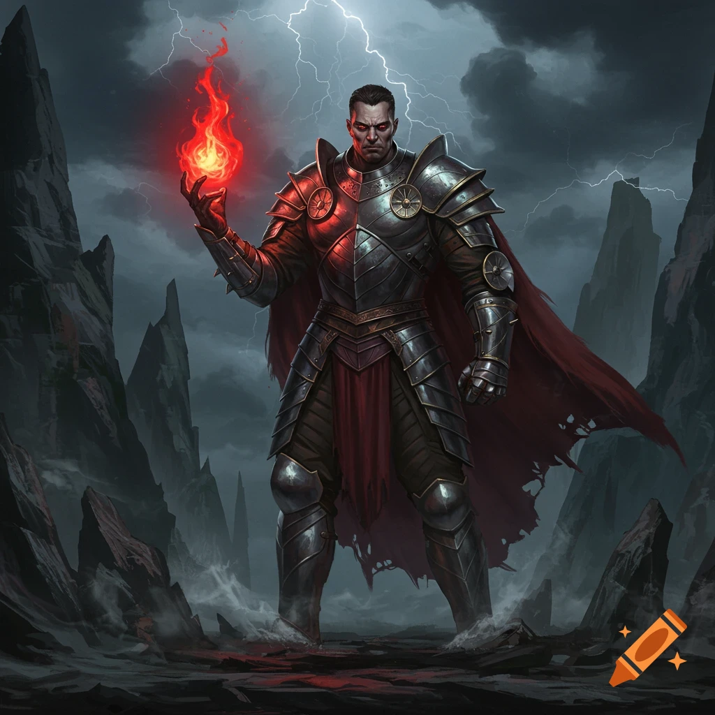 A dark fantasy warrior in ornate armor and red cape stands in a desolate, stormy landscape, holding a bright red flame.