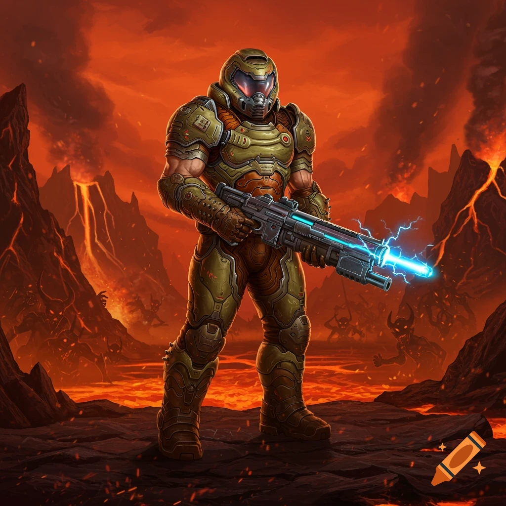 Doomguy in green and orange futuristic armor stands in a fiery hellscape with a glowing weapon, volcanoes, and shadowy demons.