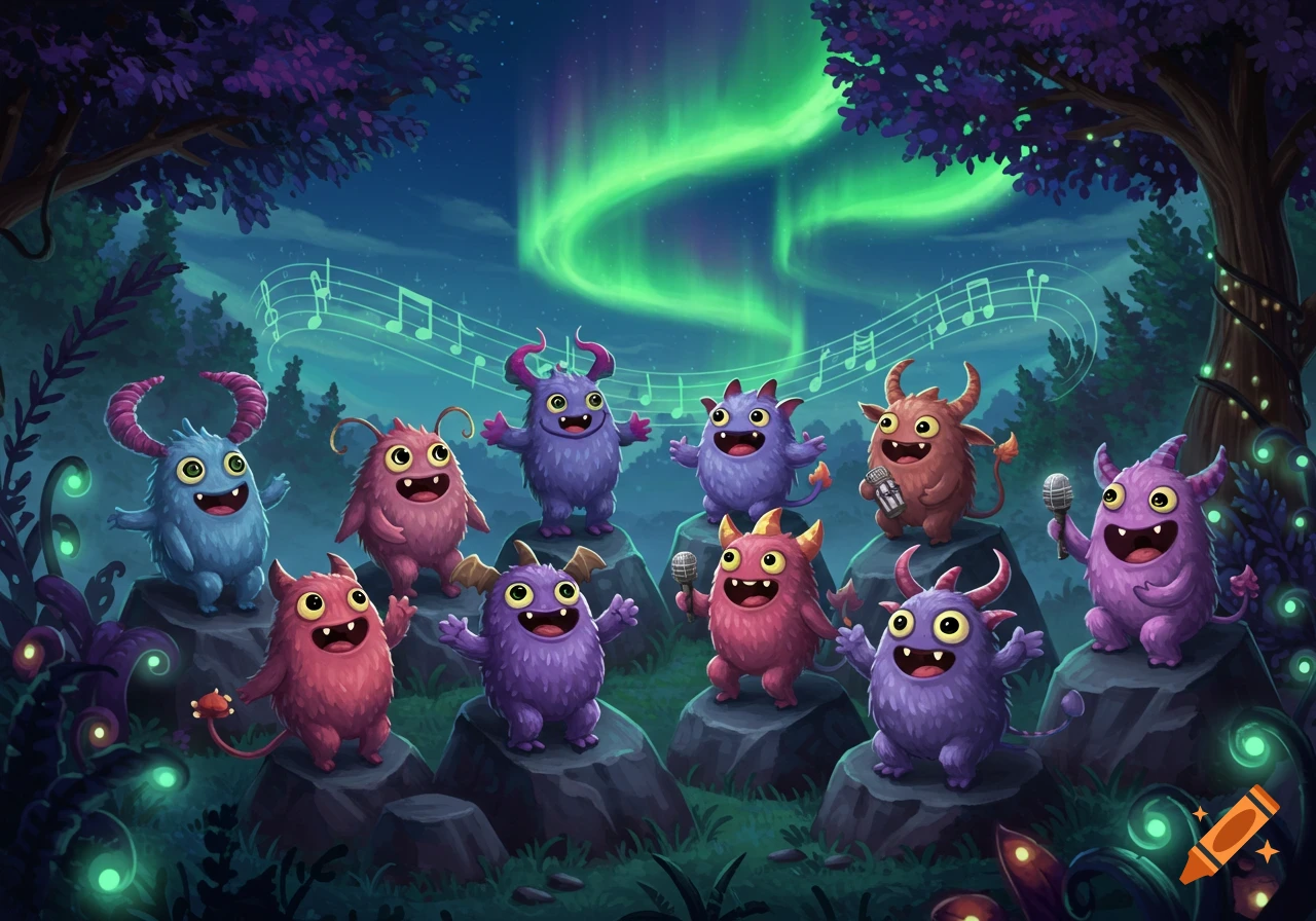 A group of colorful, cute cartoon monsters sing on rocks in an enchanted forest under a green aurora borealis.