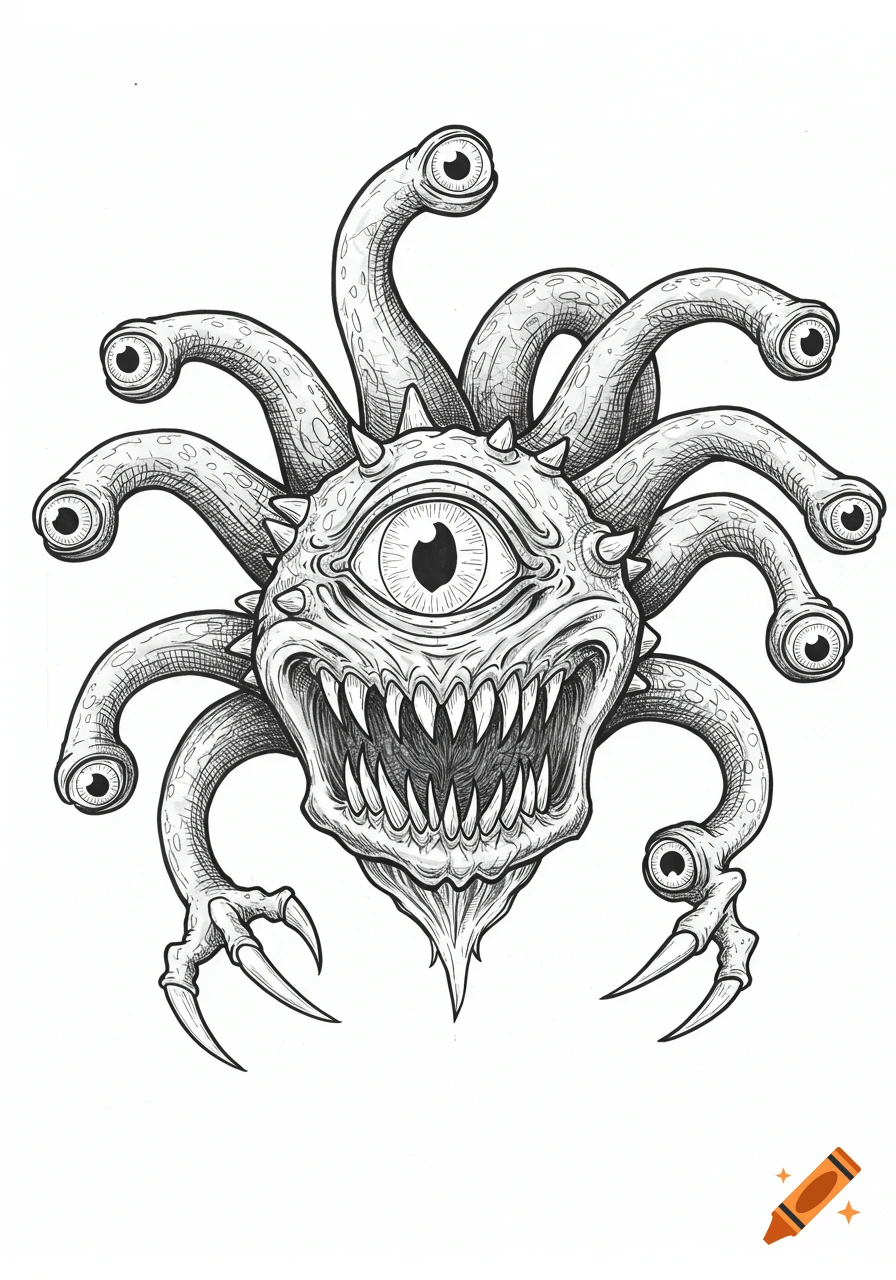 Black and white line drawing of a D&D Beholder monster with a large central eye, many eyestalks, and a fierce toothy mouth.