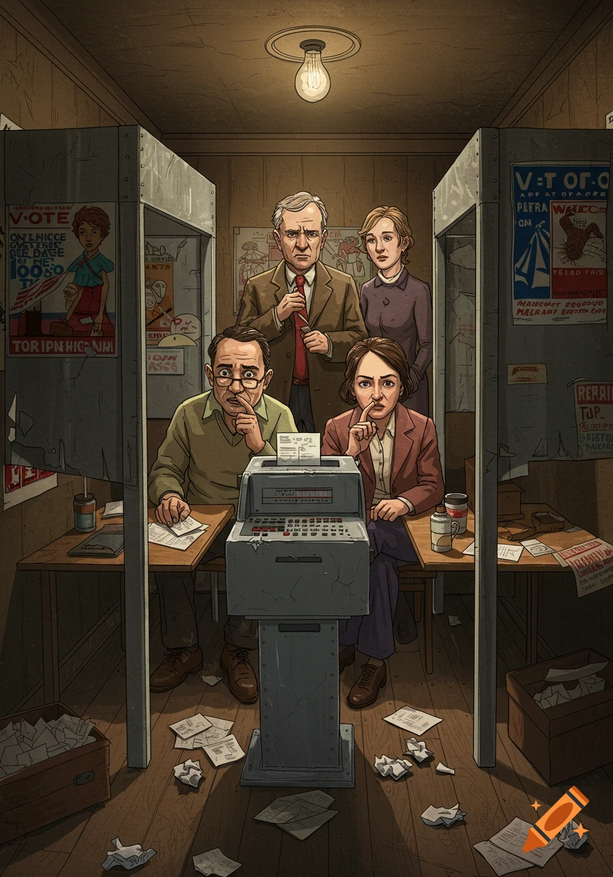 An illustration of five people in a crowded, cluttered election room with a voting machine, posters, and papers scattered around.