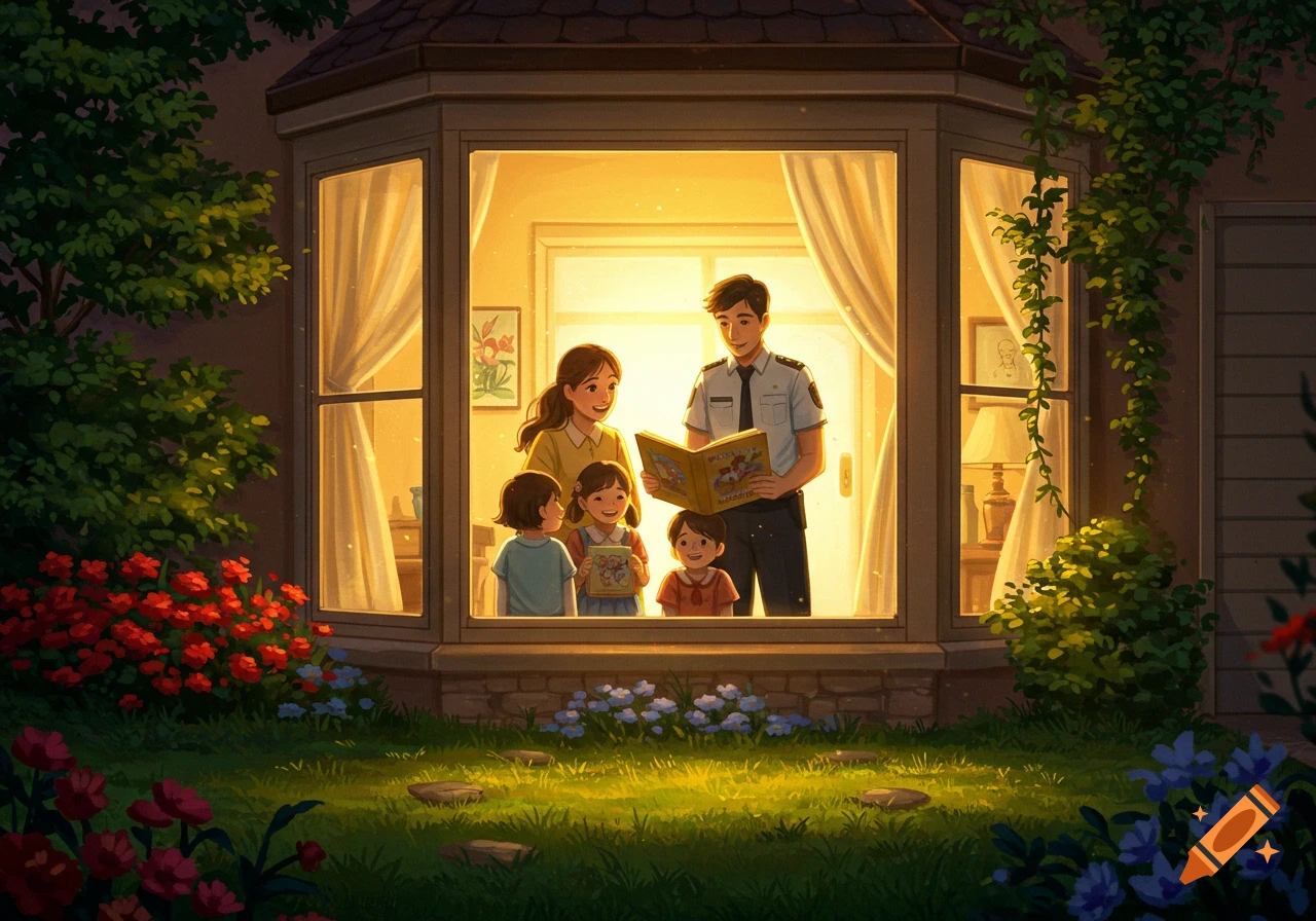A family of five, including parents and three children, inside a brightly lit bay window at night. The father reads a storybook to the children while the mother smiles. Outside, a lush garden with flowers glows in the faint light, in an illustration style.