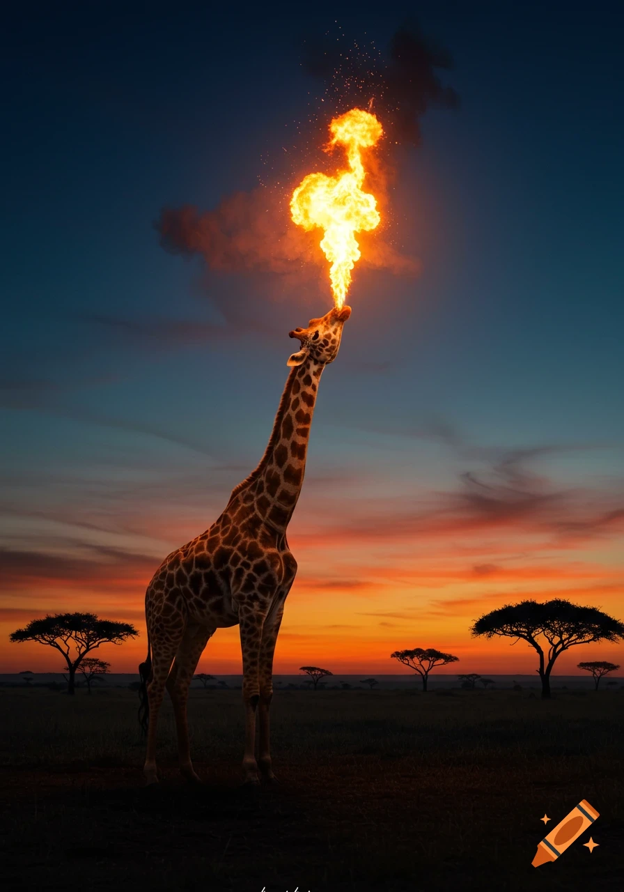 A photorealistic giraffe breathes a large column of fire into the sky, silhouetted against a vibrant sunset over a savanna with acacia trees.