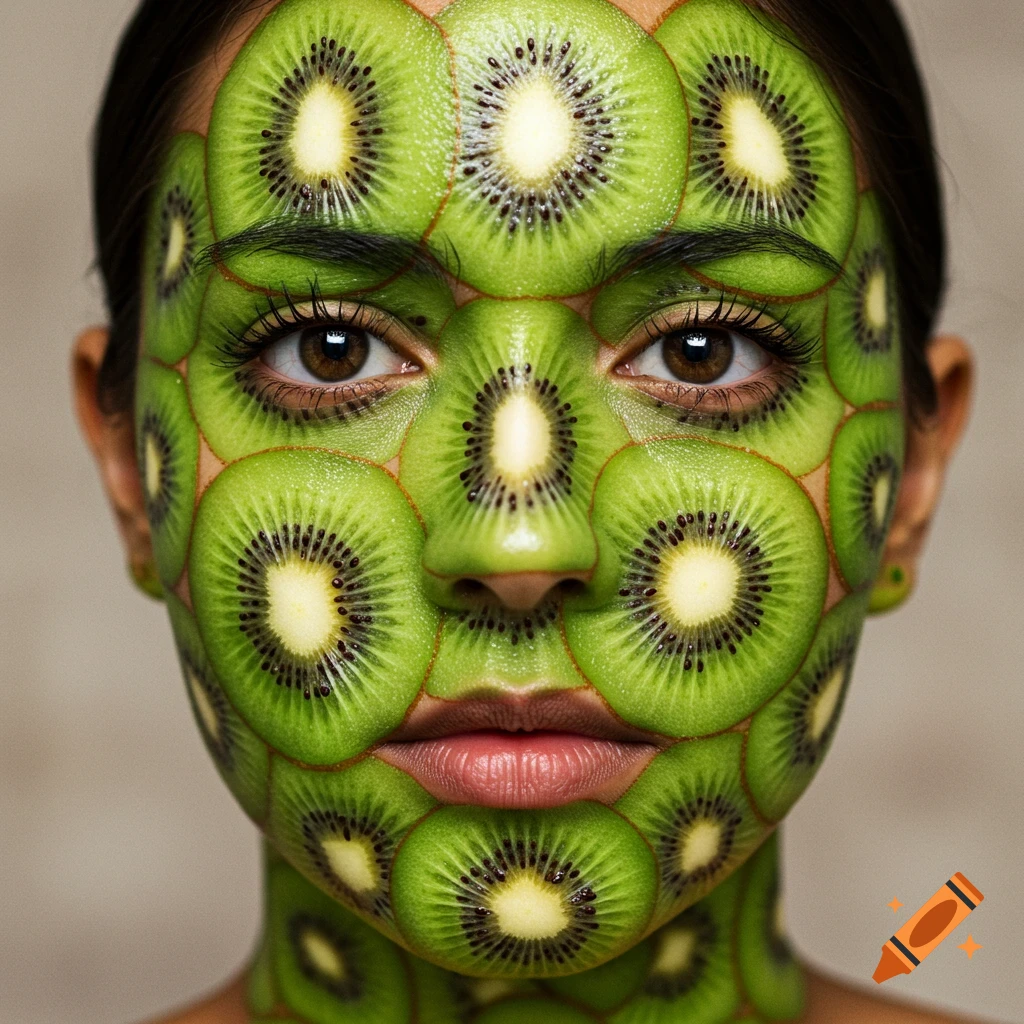 Close-up, photorealistic portrait of a woman's face covered in vibrant green kiwi slices.