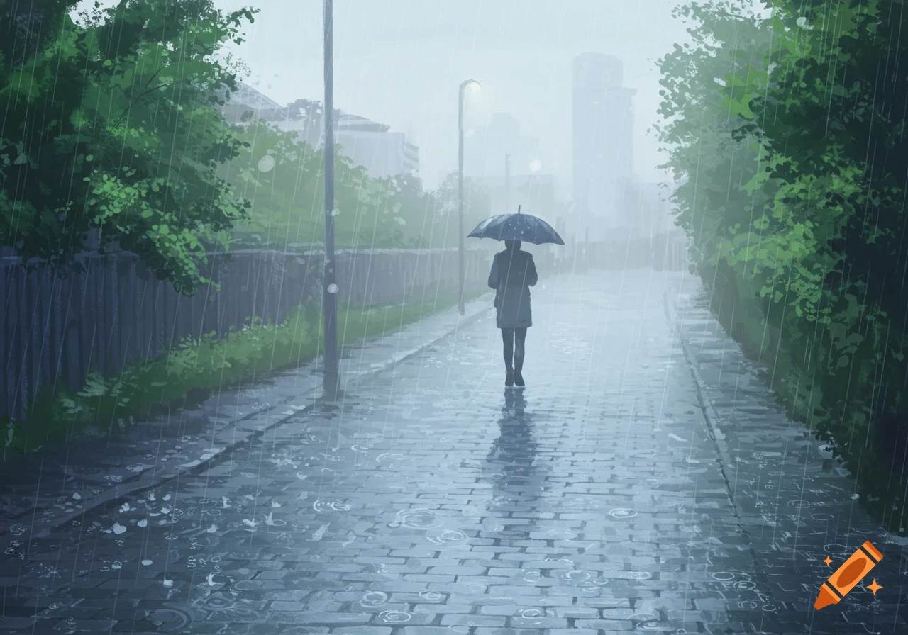 A lone figure walks down a wet cobblestone path in a city during heavy rain, holding an umbrella, in an anime style.