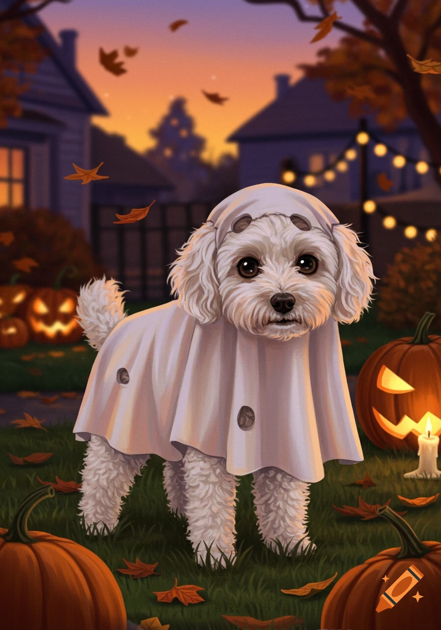 A cute white curly dog in a ghost Halloween costume stands in a yard surrounded by carved pumpkins and autumn leaves at dusk, illustrative style.