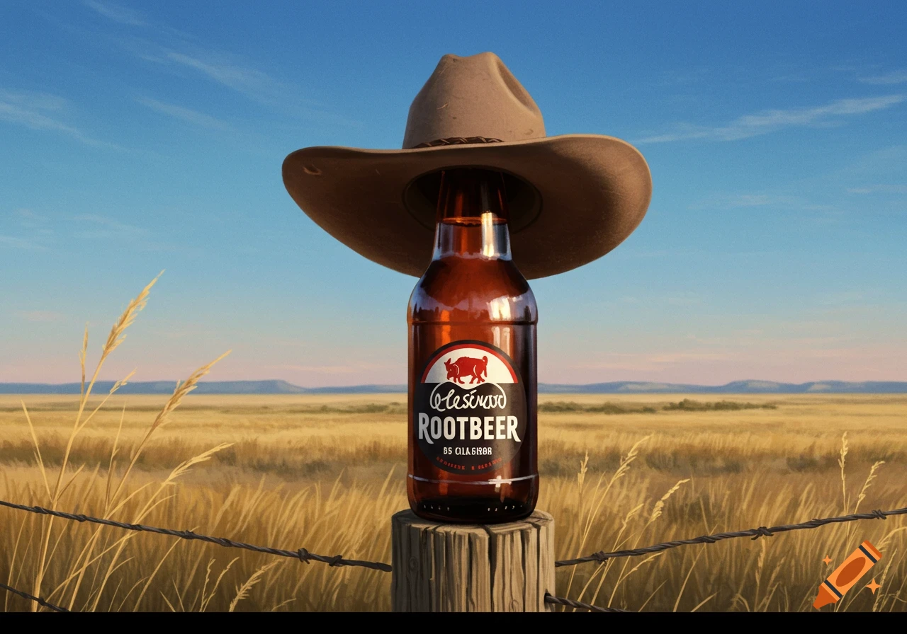 A root beer bottle with a cowboy hat on a fence post in a vast, sunny, golden field, against a blue sky.