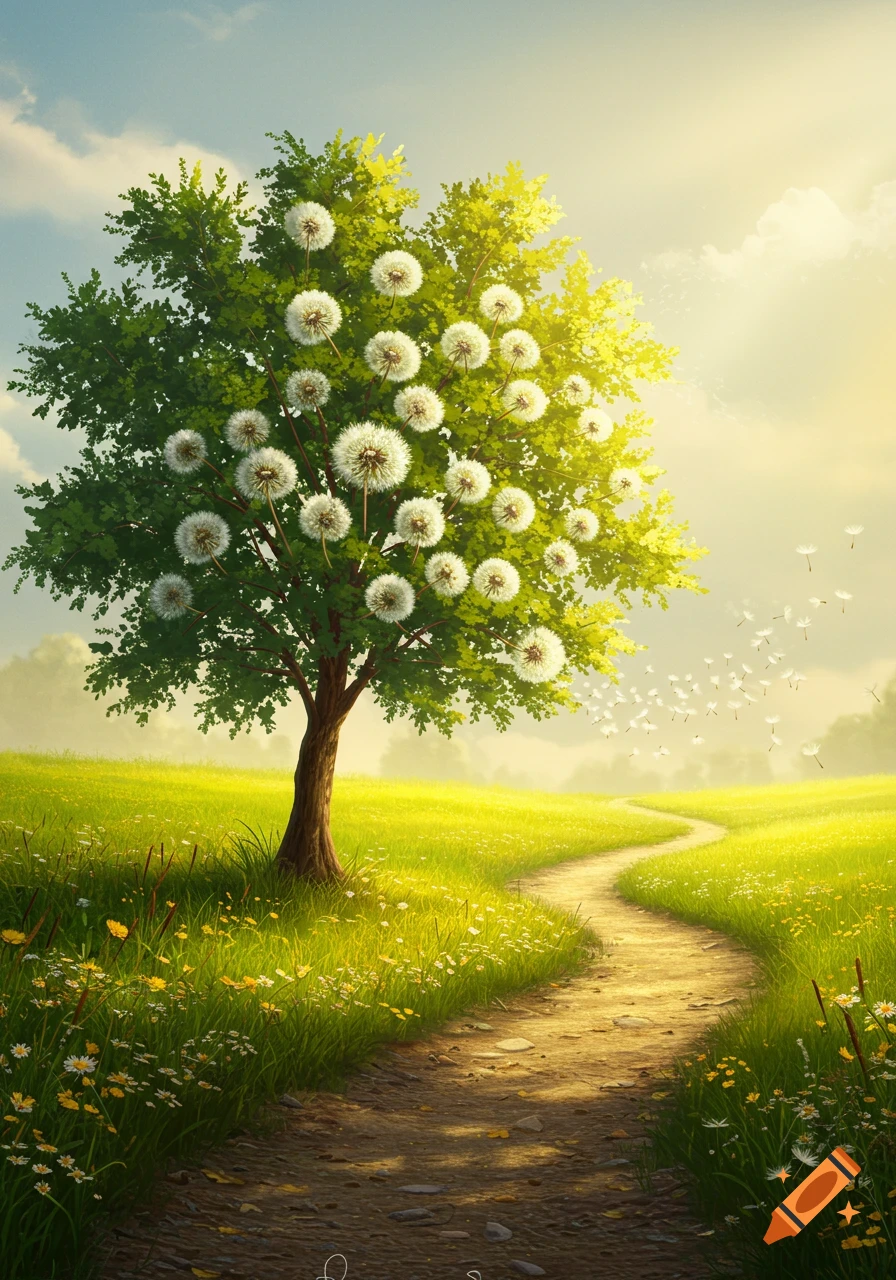 A vibrant tree with white dandelions on its branches stands beside a winding dirt path through a sunny green field, with dandelion seeds blowing in the air.
