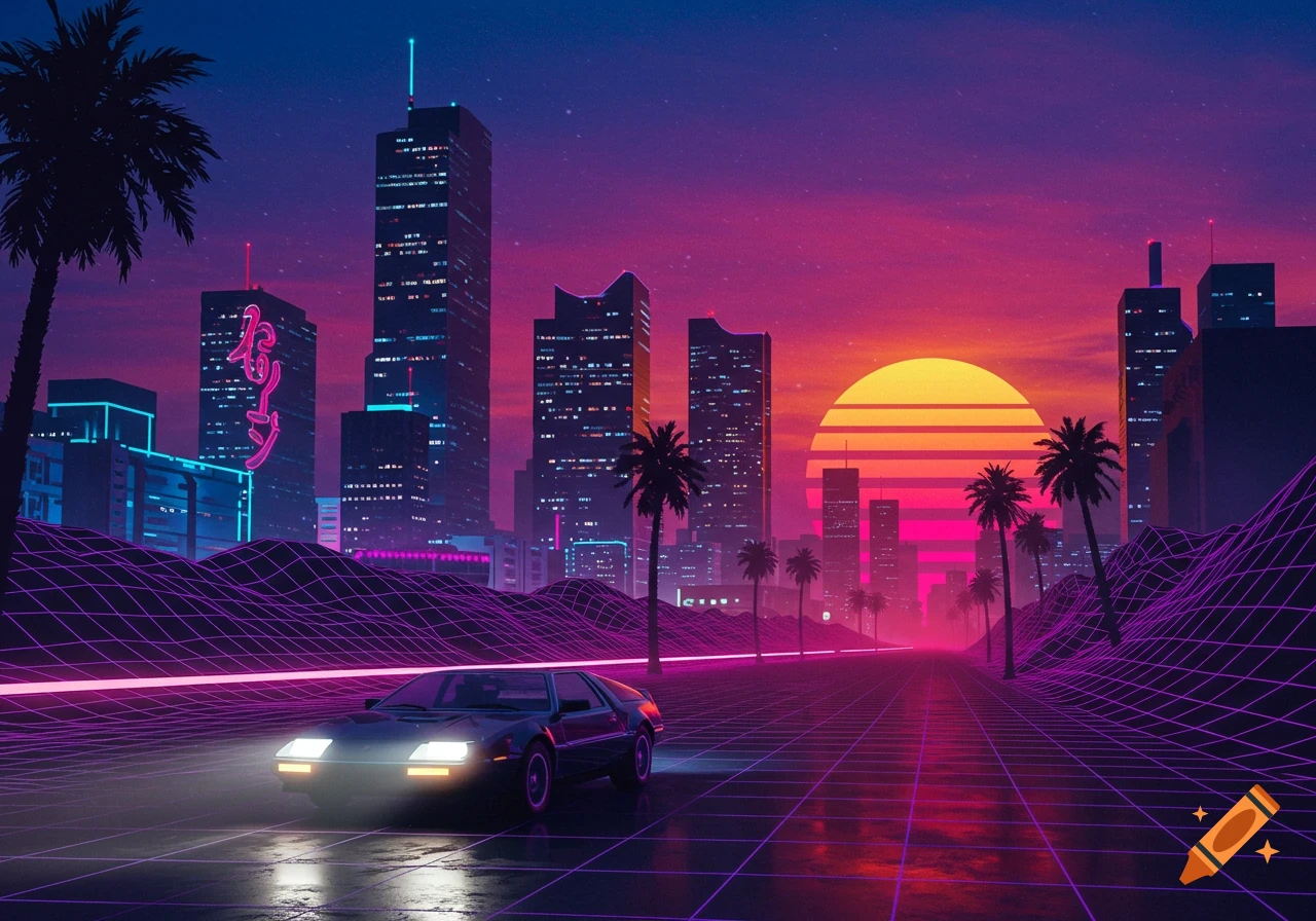A retrowave city at sunset with a black car on a glowing grid road, neon skyscrapers, and palm trees against a purple and orange sky.