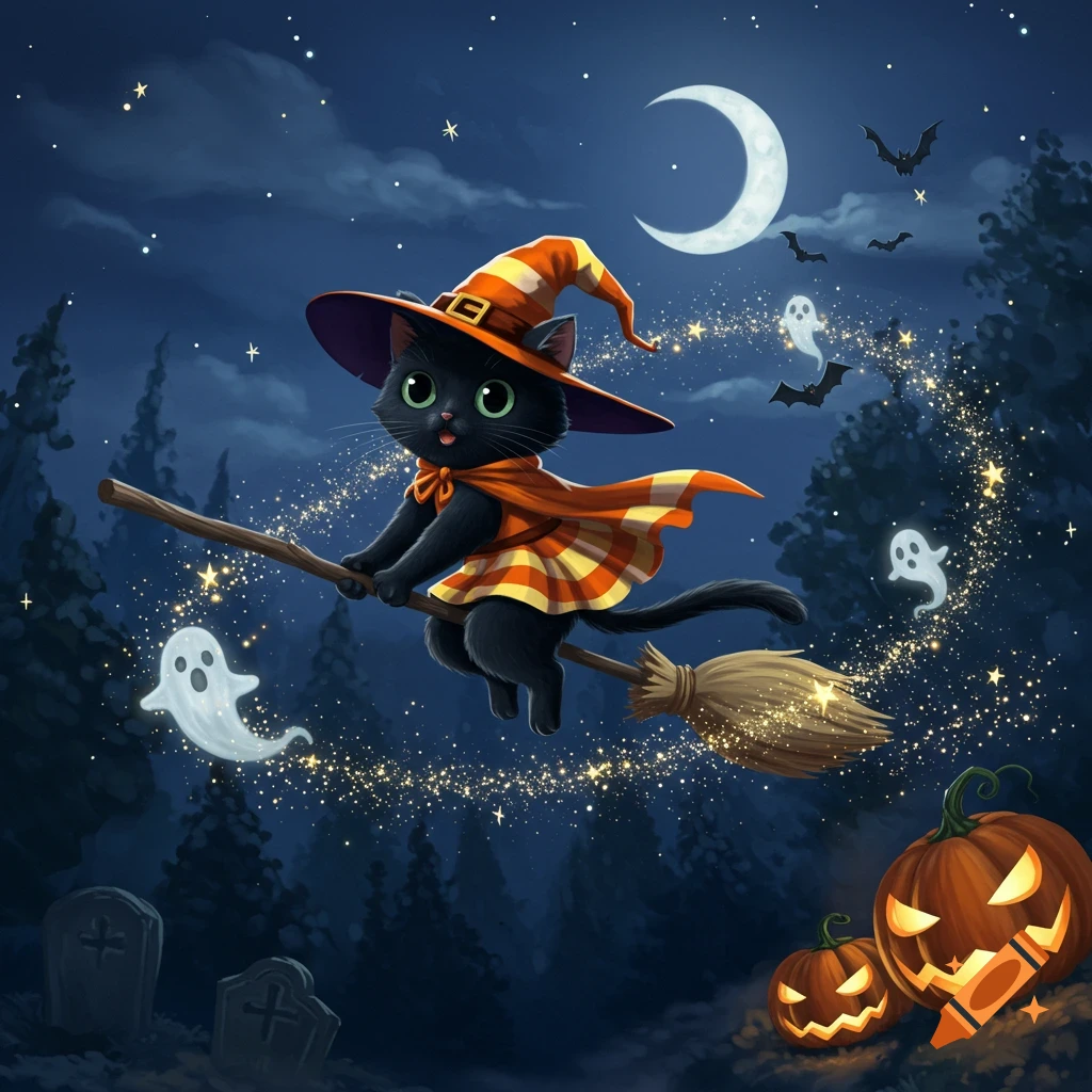 Cute black cat witch flying on a broomstick with ghosts, bats, and jack-o'-lanterns under a crescent moon.
