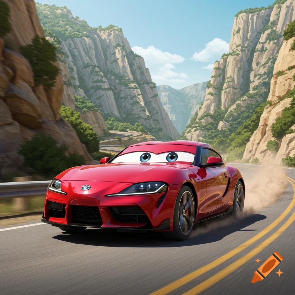 A red Toyota Supra car with large blue cartoon eyes drifts on a winding road through a rocky mountain canyon.