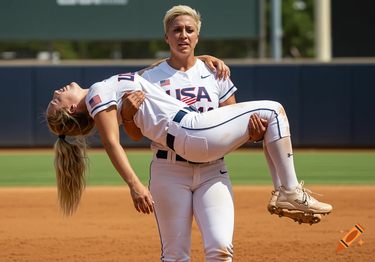 A photorealistic image of one female softball player carrying her teammate off the field, both in white USA uniforms.