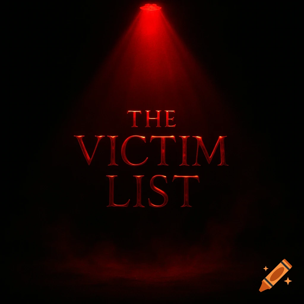 Red glowing text 'THE VICTIM LIST' under a spotlight on a dark background.