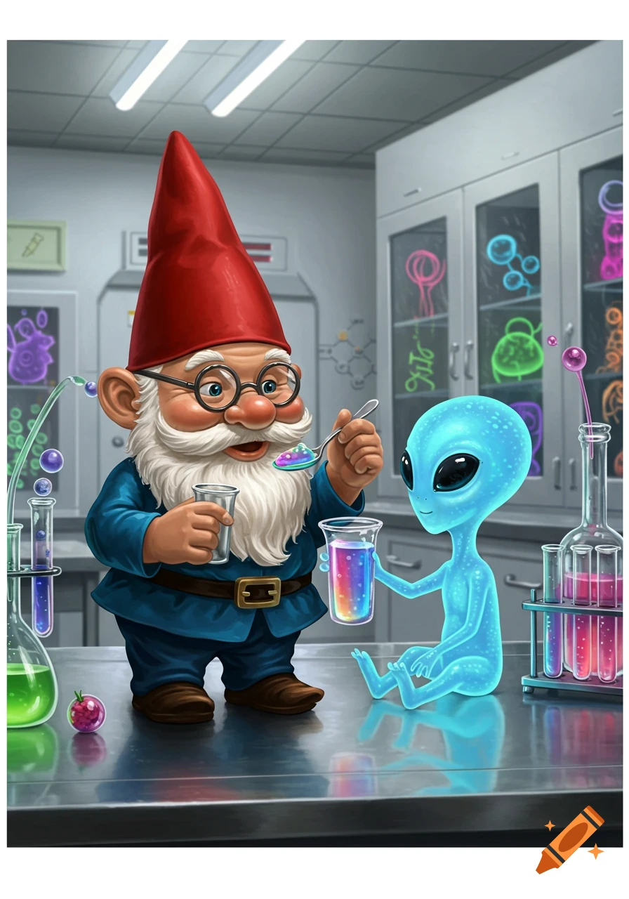 A cartoon gnome in a lab feeds a blue alien a colorful liquid with a spoon, surrounded by lab equipment.